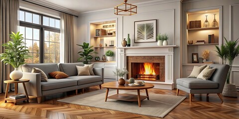 Cozy living room interior with a fireplace, comfortable sofa, and stylish decor, living room, interior design, cozy, fireplace