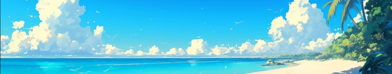 Naklejka premium Abstract Wallpaper Featuring a Serene Spring Paradise with Peach Blossoms, Gentle Breeze, and Sunny Seaside Heaven in Anime Style. AI-Generated Design for Commercial Advertising, End-Season Marketing,