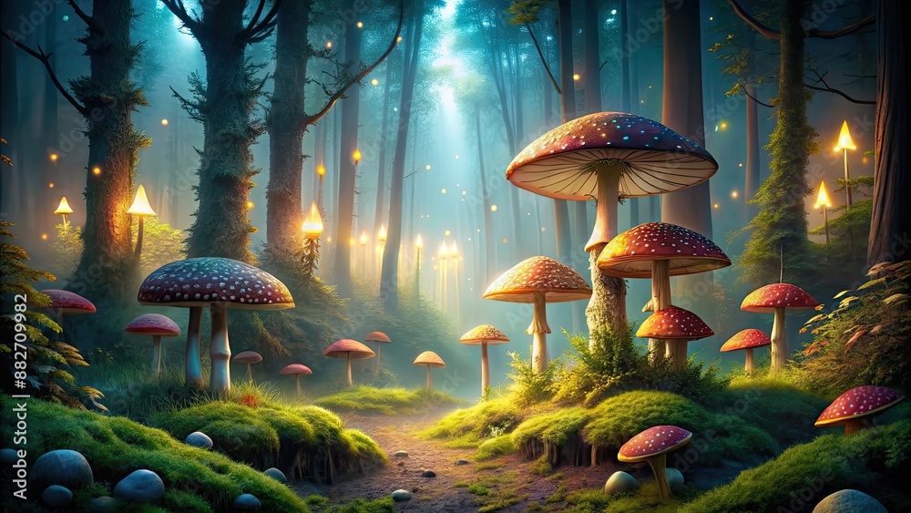 Poster forbidden fairy forest with magical mushrooms under dimmed light , fantasy, enchanted, ethereal, mys