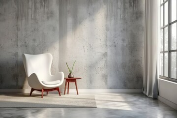 Modern Living Room Interior Mockup with White Chair and Concrete Gray Texture Wall Background with Copy Space