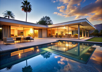 Fototapeta premium Warmly lit mid-century modern home glows at dusk, its sleek lines and angular shapes reflected in the calm waters of the pool in the foreground.