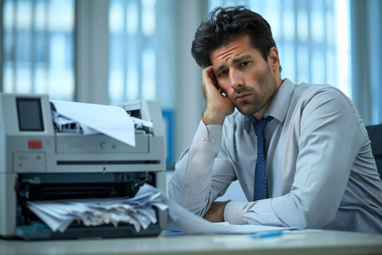 frustrated businessman sitting at his desk with his head resting on his hand in front of a printer jammed with paper. The broken printer symbolizes the challenges of office work and technology.