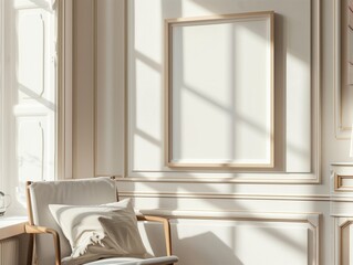Sunlit, minimalist living room with an empty picture frame, armchair, and pillow, bathed in warm natural light.