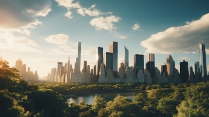 Fototapeta premium Central park aerial view nature, picnicking people, manhattan skyscrapers, and sunset glow