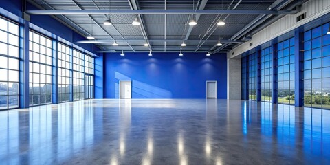 Empty exhibition hall with cobalt blue wall, glossy concrete floor, and front windows. rendering, mockup