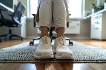 : A professional woman switching from heels to comfortable sneakers in her office for a more productive work day.