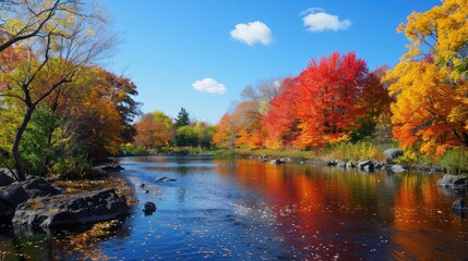 Magnificent colorful Fall day in Jacques Cartier river park
