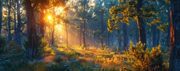 A photorealistic image of a tranquil forest bathed in the warm glow of the setting sun, casting long shadows through the trees.