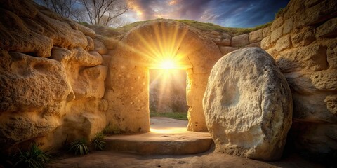 Empty tomb background with soft light shining through a stone entrance , resurrection, Easter, Christianity, religious, symbol, belief