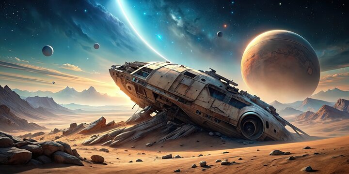Crashed alien spaceship on a distant world, UFO, extraterrestrial, crash site