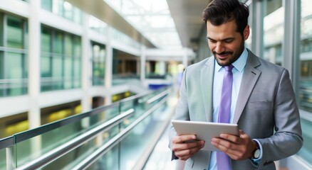 Businessman Walking Through Glass Hallway, Discussing Work and Using Tablet Computer.