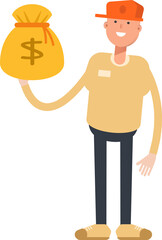 Man Wearing Cap Character Holding Dollar Sack
