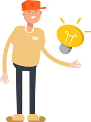 Man Wearing Cap Character and Light Bulb
