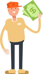 Man Wearing Cap Character Holding Dollar Banknotes
