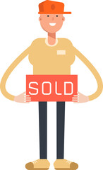 Man Wearing Cap Character Holding Sold Signage
