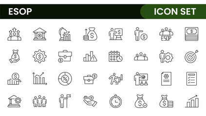 Outline icons about ESOP employee stock ownership plan. Contains such icons as company, win-win, scheme and benefits.