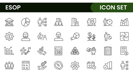 Outline icons about ESOP employee stock ownership plan. Contains such icons as company, win-win, scheme and benefits.