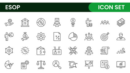 Outline icons about ESOP employee stock ownership plan. Contains such icons as company, win-win, scheme and benefits.