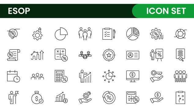 Outline icons about ESOP employee stock ownership plan. Contains such icons as company, win-win, scheme and benefits.