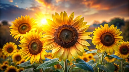 Fototapeta premium Vibrant yellow petals surround a dark center in a stunning arrangement of sunflowers against a soft, blurred background landscape.