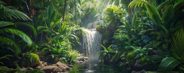 Lush Jungle with Exotic Plants and Waterfall, 4K hyperrealistic photo