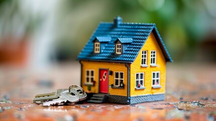 Miniature tiny house model with silver keys symbolizing real estate purchase concept
