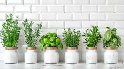 Six fresh herbs in white pots lined up against a white subway tile wall, perfect for a modern kitchen or culinary garden setting.