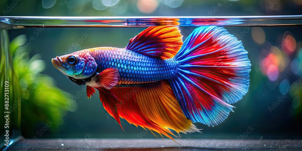 Sticker Colorful siamese fighting fish swimming gracefully in a tank , Betta fish, aquarium, underwater, vibrant