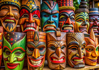 Vibrant handcrafted wooden masks in traditional Hawaiian designs and colors adorn a rustic market stall, showcasing rich cultural heritage and artisanal craftsmanship.