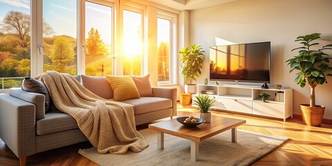 Obraz premium Cozy living room with warm sunlight, comfortable couch, soft blankets, and modern TV, Cozy