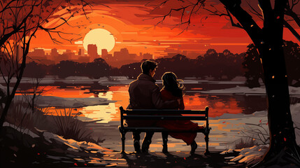  A Couple Walking Hand-in-hand Through A Snowy Park With The Sun Setting