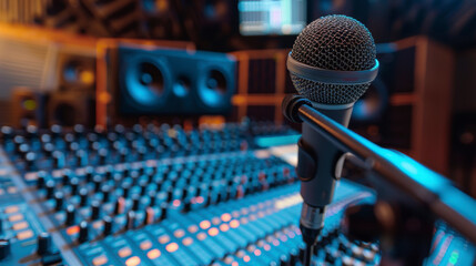 Close-up of a microphone with soundboards, additional microphones, and digital monitors in the background