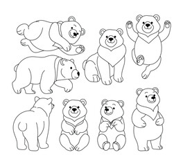 Set of bear doodle collection, bear outline coloring page or book animals for kindergarten, Vector line art set of animals wildlife, Hand drawn, Minimal bear line art doodle in different pose.