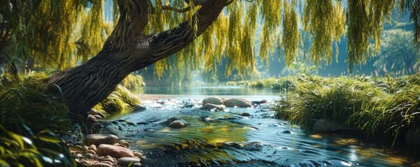 Tranquil willow tree beside a babbling brook, 4K hyperrealistic photo