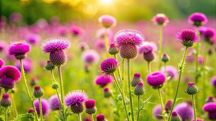 Obraz premium Creeping Thistle blooming in a vibrant spring field , Creeping Thistle, Cirsium arvense, wildflower, purple, plant, nature, spring