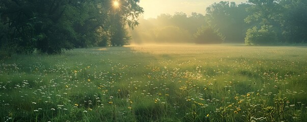 Fototapeta premium A serene meadow bathed in the soft glow of the morning sun.