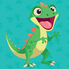 Funny and cute green lizard flat design. Cartoon reptile with open mouth isolated vector illustration. Vector cartoon chameleon. African animal. Funny green female lizzard with open mouth.