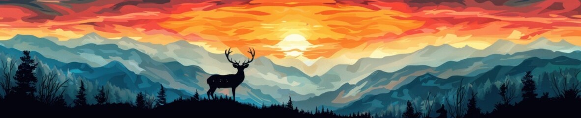 Fototapeta premium Deer silhouette against vibrant sunset, mountains inside the outline.