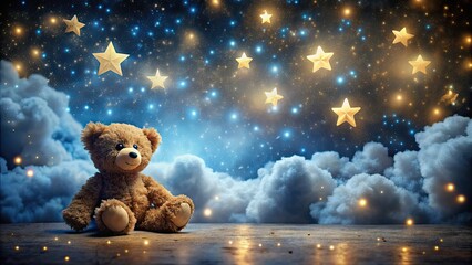Decorative shining stars on a dark sky with clouds, accompanied by a toy bear on a festive background, stars, shining