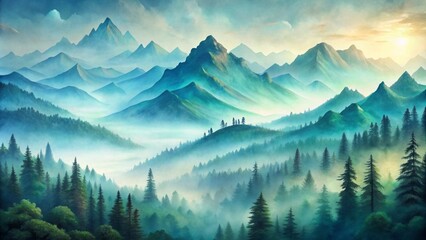 Obraz premium Serenene scape of misty mountain peaks fading into soft, blended hues of blue and green watercolor background landscape.