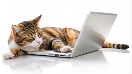 Relaxed feline takes over workspace, sprawling across laptop keyboard, sleeping soundly on bright white mockup screen, isolated pure white backdrop.