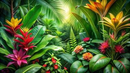 Fototapeta premium Vibrant green tropical foliage with exotic flowers and lush leaves fills the frame in a serene and peaceful atmosphere.