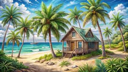 Whimsical hand-drawn illustration of a seaside cottage surrounded by palm trees and driftwood, evoking a sense of nostalgic beachside charm.