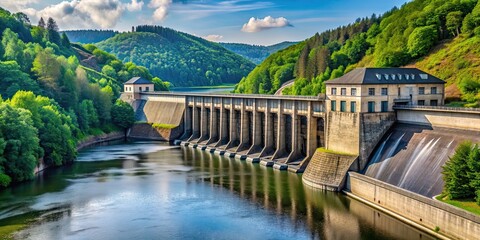Hydroelectric dam on the Eder river in Hessen, Germany , Edersee Dam, hydroelectric, energy, water, power
