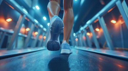 a fitness concept with a woman running on a treadmill in a gym, photographed from a low angle to convey determination.
