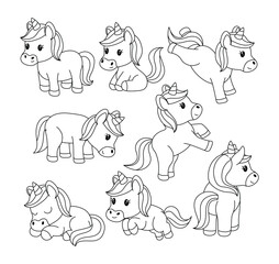 Set of unicorn doodle collection, unicorn outline coloring page or book animals for kindergarten, Vector line art set of animals wildlife, Hand drawn, Minimal unicorn line art doodle in different pose