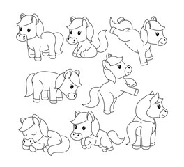 Set of horse doodle collection, horse outline coloring page or book animals for kindergarten, Vector line art set of animals wildlife, Hand drawn, Minimal horse line art doodle in different pose.