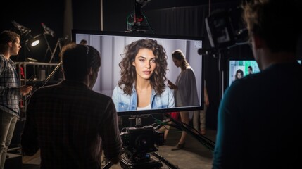 Behind the camera, digital advertising shoot, woman on monitor screen