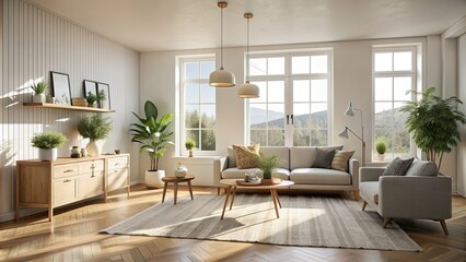 Fototapeta premium Minimalist Scandinavian style home interior bathed in soft morning light, awards