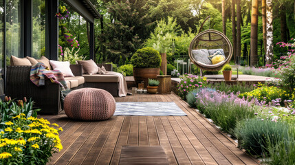 Naklejka premium Relaxing patio with hanging swing, wicker furniture and blooming